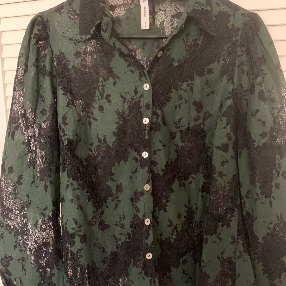 Elegant Green Lace Button-Up Blouse
